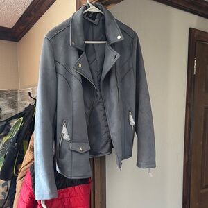 Gray Leather Moto Jacket with Structured Design